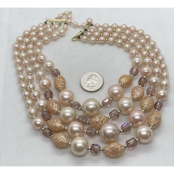 Vintage Pastel Peach Plastic Bead 4 Strand Tiered 16'' Necklace 1960s Japan - Picture 3 of 9